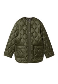 Olivově zelená prošívaná bunda vyrobená z lesklé látky, s kulatým výstřihem, předním zipem a dvěma předními kapsami na patentky.