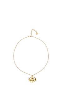 Collar de oro con un colgante en forma de ojo azul con diseño texturizado y detalles recortados. Cadena ajustable con cierre de broche.