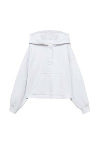 Felpa blu chiaro con cappuccio, tasca frontale, vestibilità ampia, polsini a coste e scollatura in stile henley. Realizzata in morbidissimo tessuto traspirante.