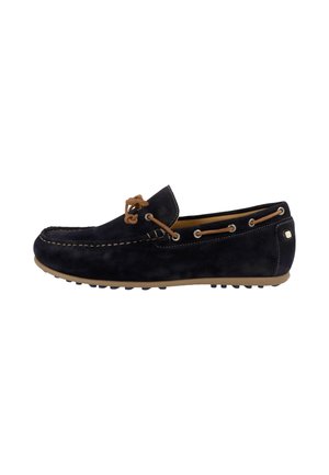 Navy blue suede loafer with tan lace detail, stitched upper, and beige rubber sole with grip dots for casual wear.