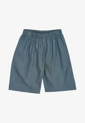 Shorts à taille élastique bleue, coupe ample et longueur mi-cuisse, posés à plat sur un fond blanc.