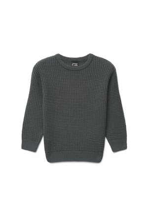 Maglione in maglia grigio scuro a maniche lunghe con motivo a nido d'ape e polsini, orlo e scollo a giro coste su sfondo bianco.