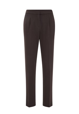 Pantaloni su misura marrone scuro con una texture liscia, caratterizzati da un frontale piatto, pieghe sottili e una linea dritta. Senza hardware visibile.