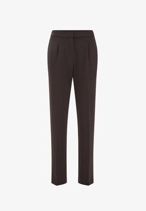 Dunkelbraune, maßgeschneiderte Hose mit glatter Textur, flachem Frontdesign, dezenten Falten und geradem Schnitt. Keine sichtbaren Beschläge.