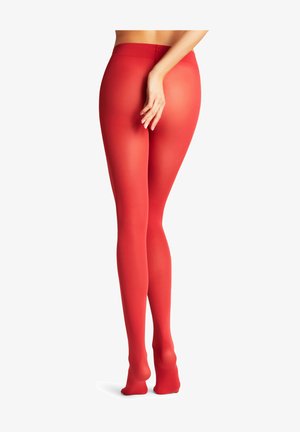 Rode panty met een gladde textuur, hoog in de taille, en een ondoorzichtige afwerking, met naadloze constructie en gesloten tenen.