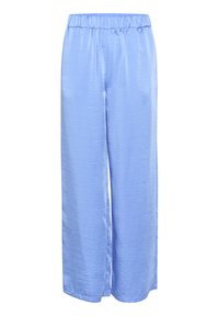 Light blue wide-leg pants made of a smooth, lightweight fabric with an elastic waistband and a relaxed fit, featuring clean, minimal lines.