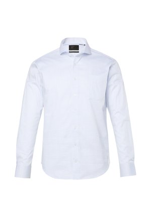 Hemd in Hellblau mit langen Ärmeln, feinem karierten Muster, Button-Down-Kragen, Knopfleiste vorne und einer einzelnen Brusttasche.