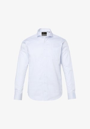 lichtblauw overhemd met lange mouwen met een fijn ruitpatroon, button-down kraag, voorste sluiting met knopen en een enkele borstzak.