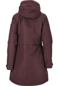 Ciemnofioletowy długi zimowy płaszcz z dołączonym kapturem, długimi rękawami i małą metką marki na górnej części pleców.