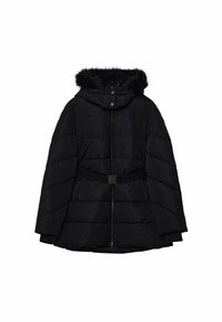 Black padded jacket with a removable fur-trimmed hood, cinched waist with a belt, and front zip closure. Features horizontal stitching pattern.