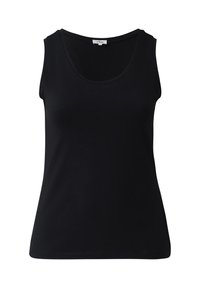 Schwarzes ärmelloses Tanktop mit rundem Ausschnitt und glattem, leicht dehnbarem Stoff. Es verfügt über ein schlichtes, einfaches Design ohne Verzierungen.
