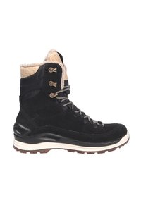 Zwarte wandelschoen met een bovenwerk van suede en textiel, een kraag van nepbont, metalen ogen en een robuuste zool voor grip.