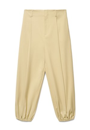 Pantalon beige taille haute avec plis, poignets élastiques et passants de ceinture, posé à plat sur fond blanc.