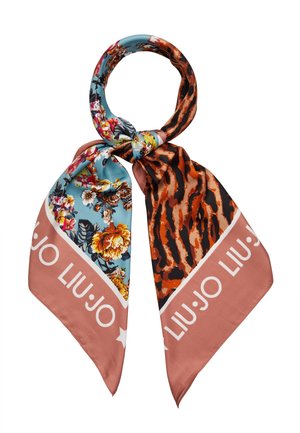 Écharpe en soie avec imprimé floral bleu sur un côté, rayures de tigre marron et noir de l'autre, et logo "LIU·JO" sur les bordures roses.