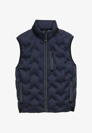 Vesta puf cu guler înalt, de culoare bleumarin, cu un model matlasat orizontal, închidere cu fermoar frontal și două buzunare laterale cu fermoar, având accente contrastante.