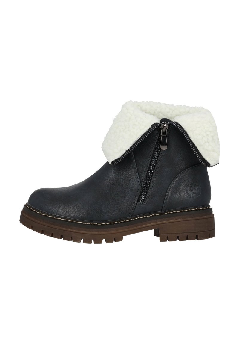 Botas tobilleras de color azul oscuro con un cuello de pelaje sintético blanco, cierre lateral con cremallera, suela de goma y detalle de costura contrastante.