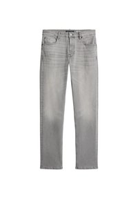 Jean en denim gris avec une finition légèrement décolorée, design à jambes droites, configuration à cinq poches et fermeture à bouton.