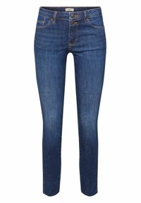 Jeans ajustados de mezclilla azul con una textura suave, que cuentan con dos bolsillos frontales, costuras en naranja contrastante y un cierre de botón.