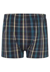 Boxer in un motivo a quadri con linee blu, gialle e nere. Vita elastica e tessuto morbido con una forma aderente.