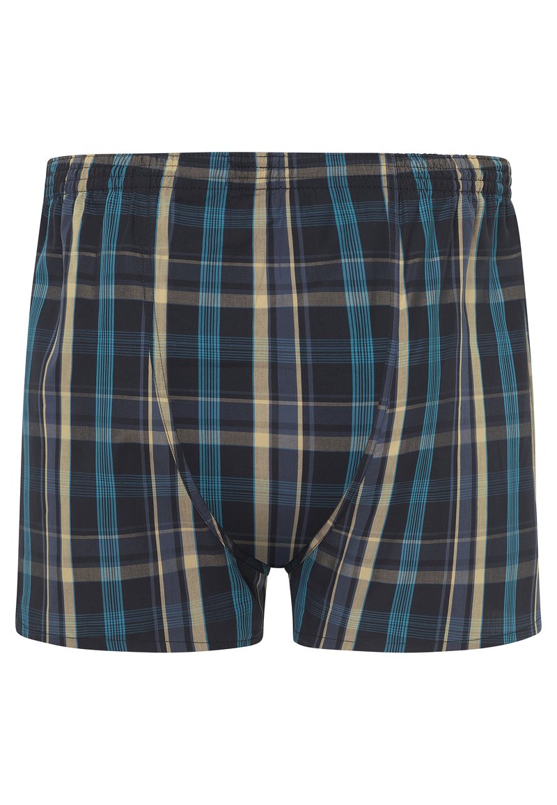 Boxer in un motivo a quadri con linee blu, gialle e nere. Vita elastica e tessuto morbido con una forma aderente.