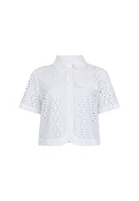 Camicia bianca a maniche corte realizzata in tessuto di pizzo ricamato con ritagli circolari, dotata di colletto a punta e taschino sul petto.