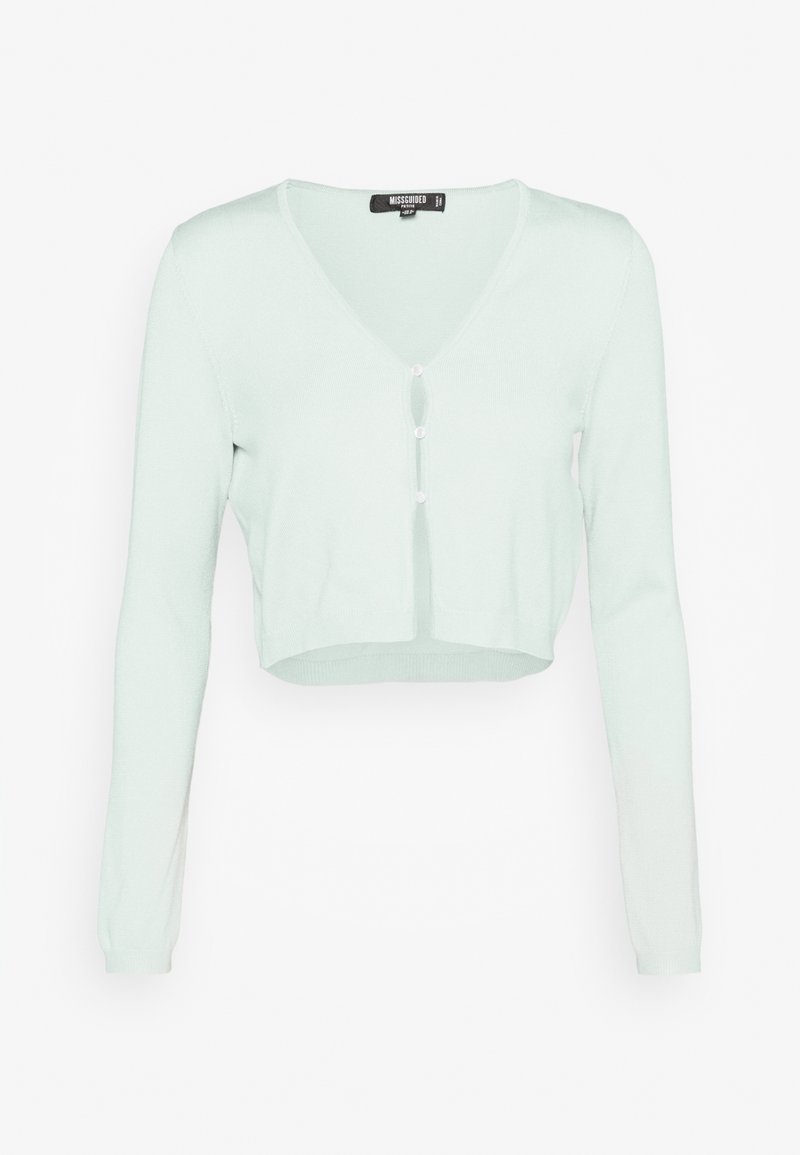 Cardigan court vert menthe clair avec manches longues, col en V et trois boutons blancs sur le devant.