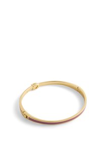 Bracciale in metallo dorato con una finitura liscia e lucida, caratterizzato da una fascia stretta con un accento viola e una chiusura sicura a scatto.