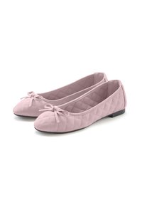 Helle rosa, gesteppten Ballerinas mit runder Zehenform und einem kleinen Schleifchen auf der Vorderseite. Flache Sohle und glatte Textur.