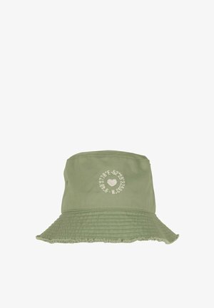 Light green bucket hat with a frayed brim and white circular embroidery featuring coordinates and a heart in the center.