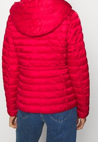 Rote Pufferjacke mit gestepptem Design und Kapuze, die eine glatte, glänzende Textur aufweist. Die Jacke ist tailliert und kurz geschnitten.