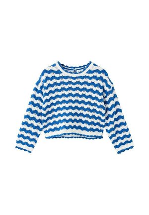 Modrý a biely pletený krátky sveter s dlhým rukávom, vlnkovým pruhovaným vzorom a okrúhlym výstrihom.
