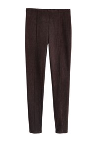 Brune ribstrikkede bukser med smal pasform og lige ben, uden synlige lommer eller pynt, vist på en hvid baggrund.