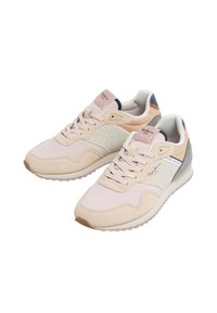 Light pink and beige sneaker with textures, mesh side panels, and a brown rubber sole. Features lace closure and colorful accents on heel.