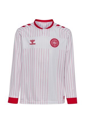 Witte voetbalshirt met lange mouwen met dunne rode verticale strepen, rode kraag en manchetten, hummel-logo en het wapenschild van de Deense voetbalbond op de borst.