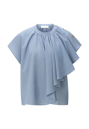 Svetlomodrý krátky rukáv top s okrúhlym výstrihom, detailom nariasenej látky, asymetrickým volánom na jednej strane a zlatými gombíkmi na ramene.