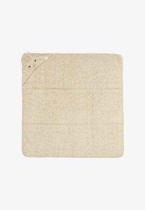 Bézs baba kapucnis törölköző állatfigurás arccal és fülekkel a kapucnin, négyzet alakú, puha, nedvszívó anyagból.