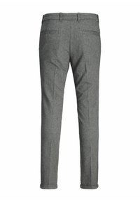 Grå byxor med en texturerad tyg, slim fit, två bakfickor och uppvikta nedre kanter. Har en ren, skräddarsydd design.