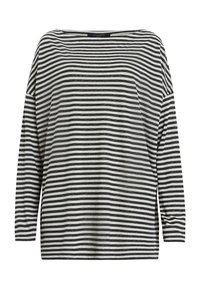 Maglietta a maniche lunghe con righe orizzontali nere e bianche, dal collo ampio e vestibilità rilassata. Realizzata in tessuto leggero con una texture morbida.