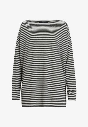 T-shirt à manches longues avec des rayures horizontales noires et blanches, un encolure large et une coupe décontractée. Fabriqué en tissu léger avec une texture douce.