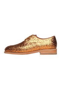 Scarpe da uomo dorate e marroni con glitter, punta rotonda, design con lacci e tacco in legno. La parte superiore è completamente ricoperta di glitter scintillanti.
