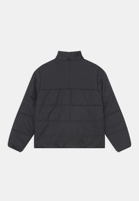 Chaqueta de plumas negra con cuello alto, mangas largas y detalles de costura horizontal. Textura suave y puños elásticos en las mangas.