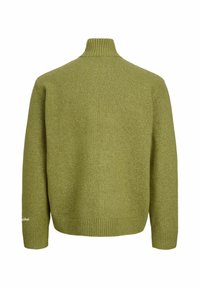 Olivno zelena pletena pulover s turtleneck izrezom, s rebrastimi manšetami in obrobom, prikazan s hrbtne strani na beli podlagi.