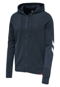 Marinblå zip-up hoodie i bomullsblandning, med en frontdragkedja, två dragsnören och vita diagonala randiga detaljer på ärmarna.