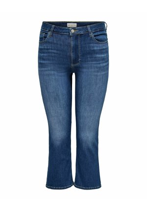 Kék farmer rövidített, bővülő szárú nadrág elülső gombbal, cipzárral, övbújtatókkal és kifakult mosott részletekkel.