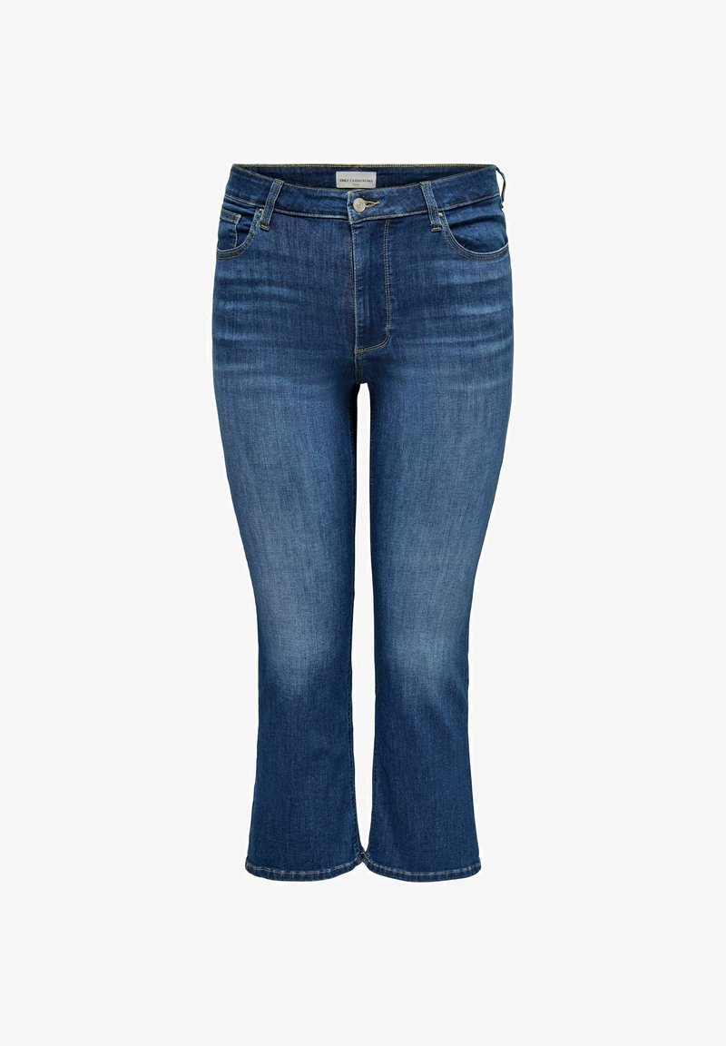 Blå denim cropped flare jeans med frontknapp, glidelås, beltehemper og falmede vaskedetaljer.