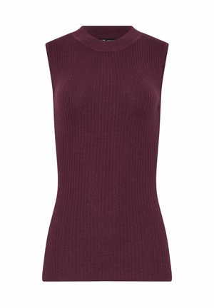 Bordeaux-farbene ärmellose Ripp-Top mit hohem Kragen und figurbetonter Silhouette, hergestellt aus einem strukturierten Strickmaterial.