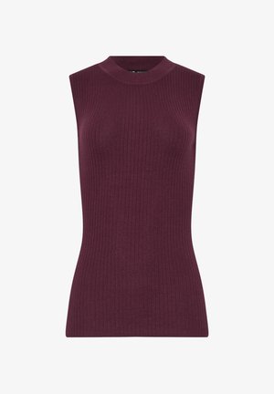 Burgundiru sennolt top, joka on ilman hihoja, korkealla kaula-aukolla ja tiukassa istuvuudessa, valmistettu teksturoidusta neulemateriaalista.