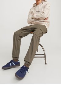 Grå cargobyxor med elastiska muddar, kombinerade med en beige hoodie och blå sneakers med ljusblå ränder. Sitter på en träpall.