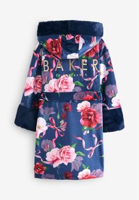 Robe navy a fantasia floreale con fiori rosa e rossi. Presenta un morbido cappuccio e polsini in pelliccia, con il testo dorato "BAKER" sul davanti.