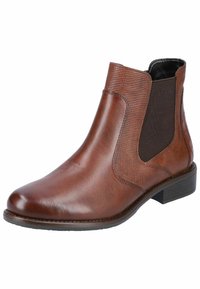 Braune Leder-Ankle-Boots mit strukturiertem Blatt und elastischen Seitenpaneelen. Glatte Oberfläche mit niedrigem Blockabsatz und genähten Details.